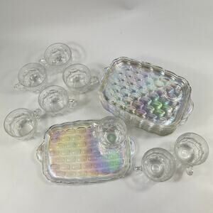 Federal Glass Iridescent x8 Snack Sets Cups Plates 16pc Clear Carnival Glass